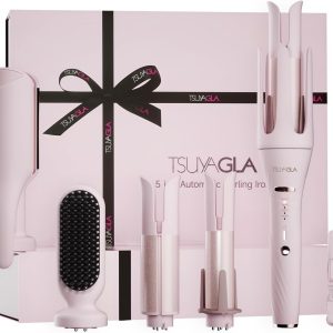 5 in 1 Auto Curling Iron Set with Interchangeable Barrels – 1″, 1.25″, 1.5″ Curling Wand, Hair Crimper & Straightening Brush, Rotating Ceramic Curler, 3 Temp, Dual Voltage, Anti-Scald, Pink